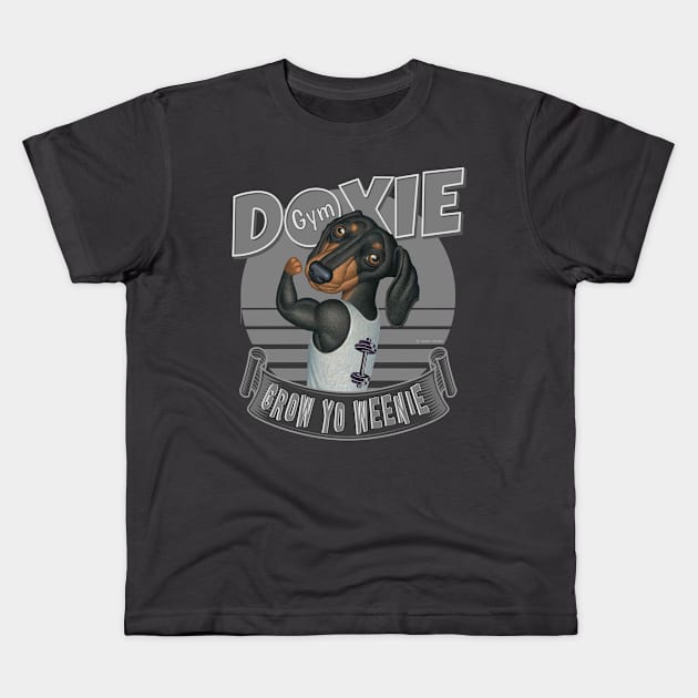 Fun Doxie in Doxie Gym to Grow Yo Weenie with silver trim Kids T-Shirt by Danny Gordon Art